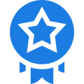 Blue star medal icon on black background.