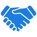 Blue handshake icon on black background.