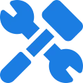 Blue hammer and wrench crossed icon.